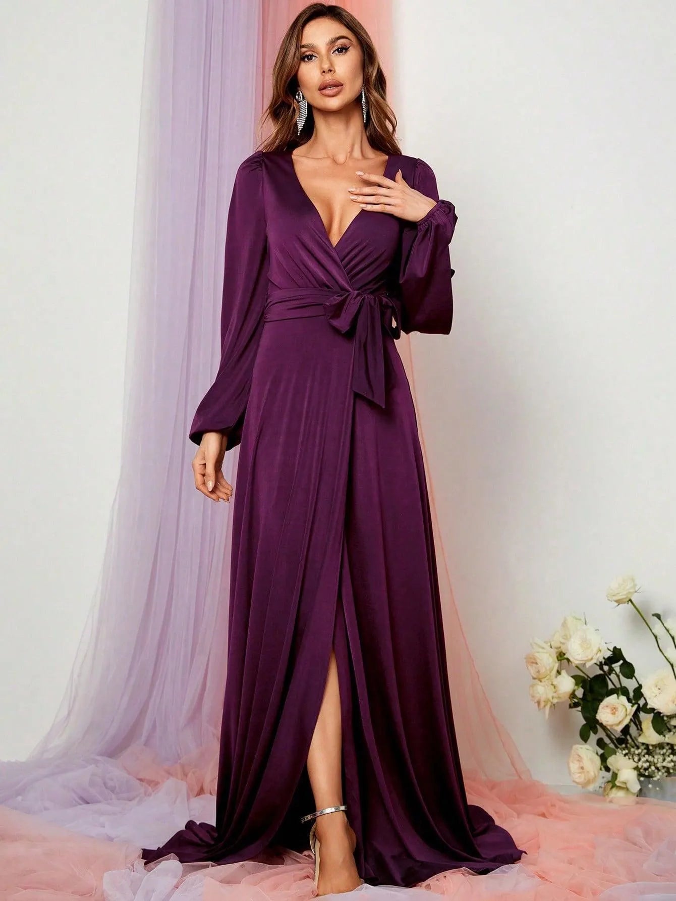 Elegant V Neck Slit Long Sleeve A-Line Dress - Elonnashop