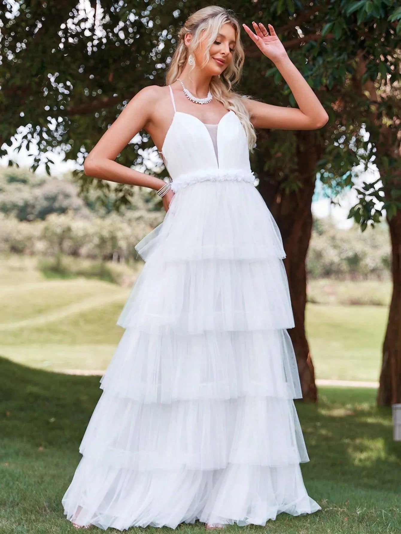 Cascading Ruffle Mesh Cami Wedding Dresses（Headpiece Not Included） - Elonnashop