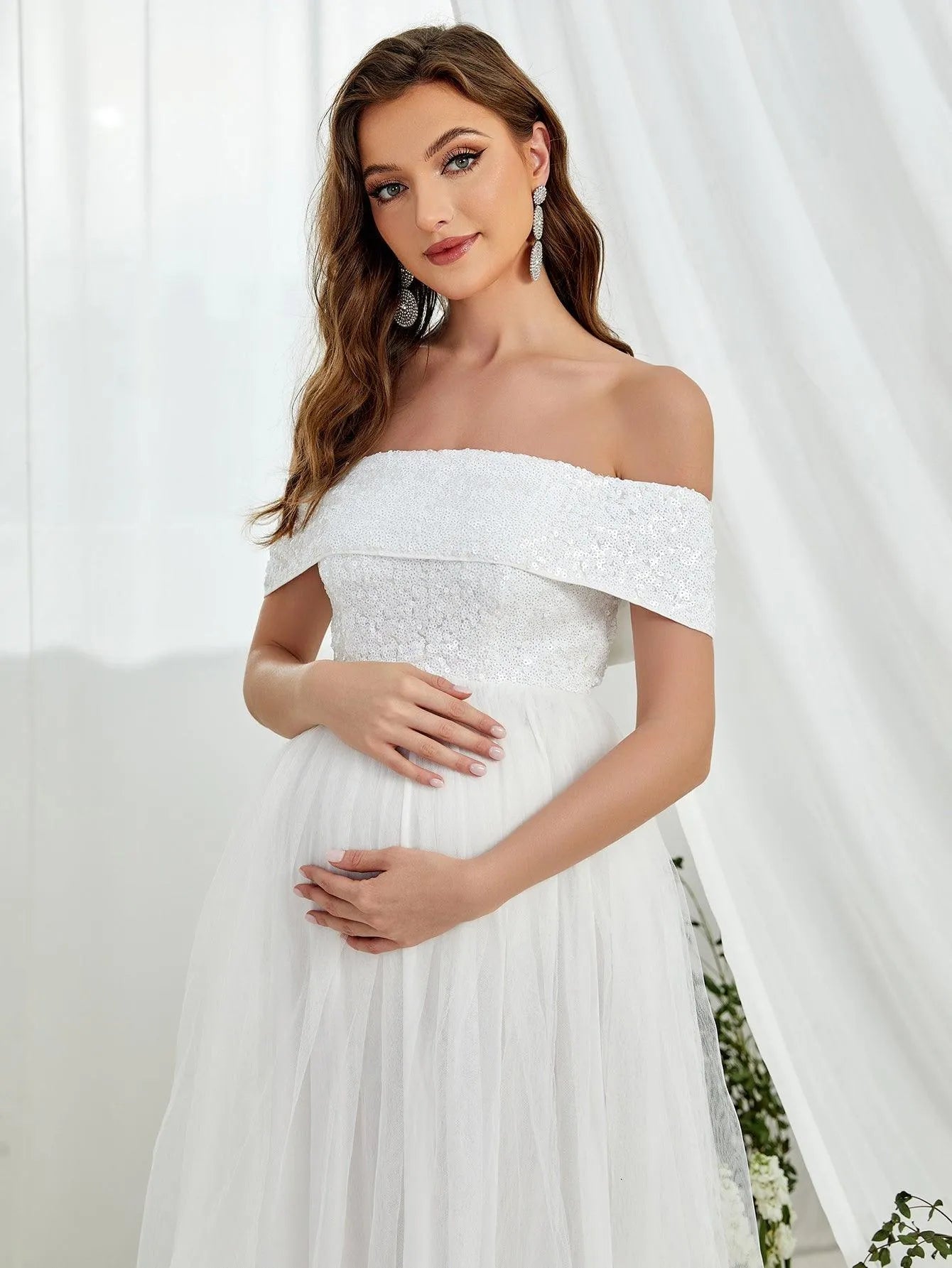 Maternity Off Shoulder Contrast Sequin Wedding Dress - Elonnashop