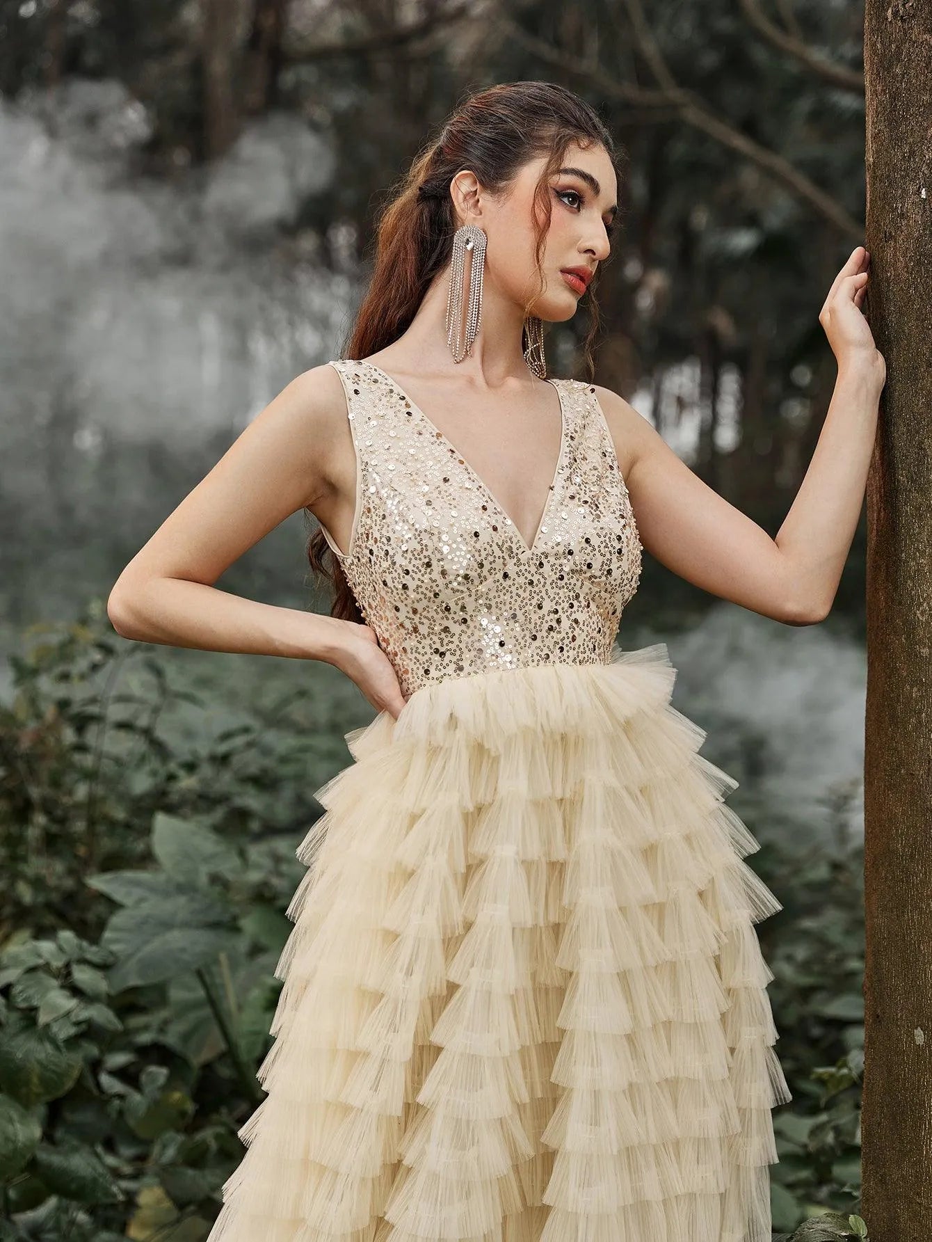 Gorgeous Plunging Neck Cascading Ruffle Hem Sequin Prom Dress - Elonnashop