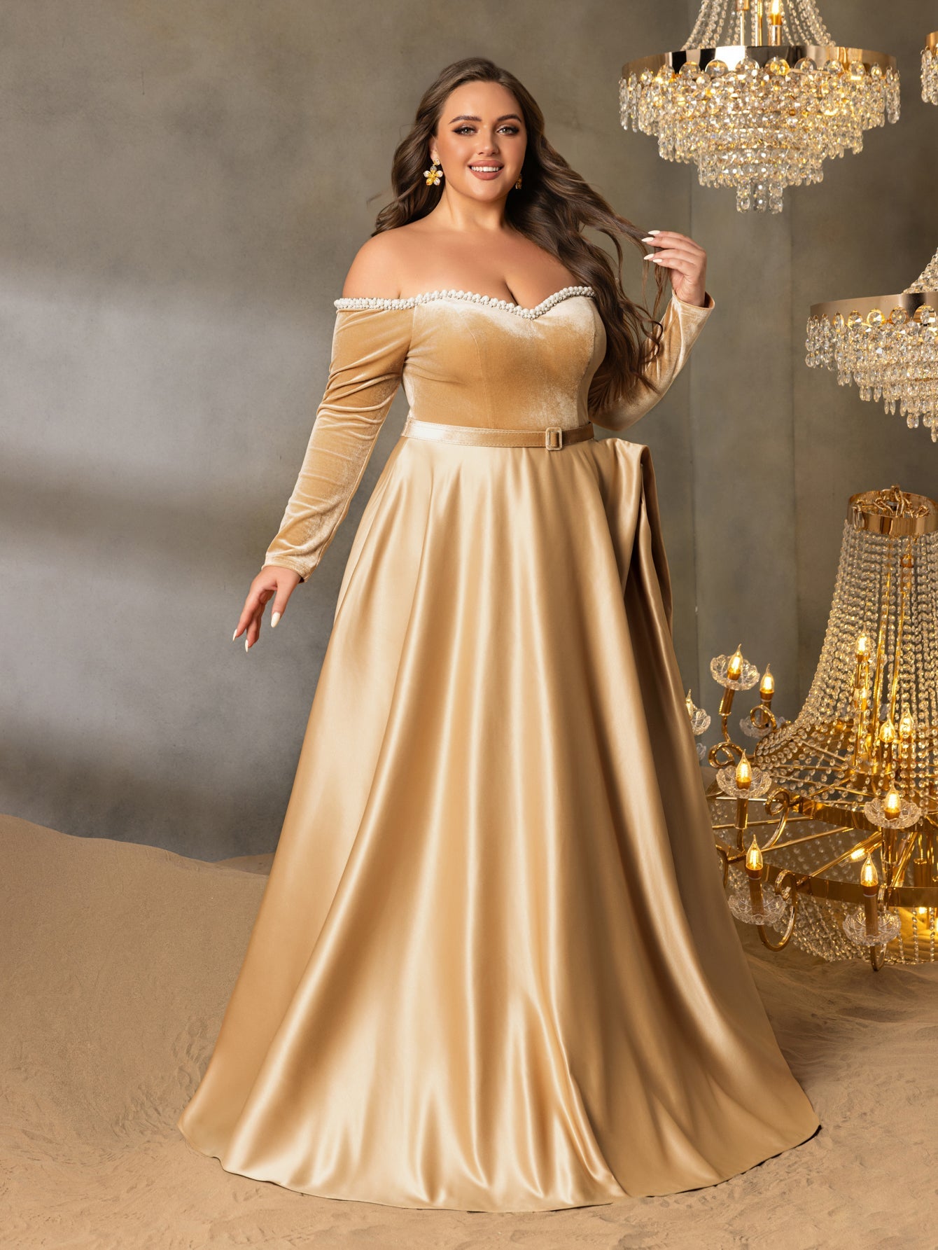 Plus Women's Pearl Accented Off-The-Shoulder Formal Gown | Long Sleeves | Defined Waist Belt | Full Flared Skirt