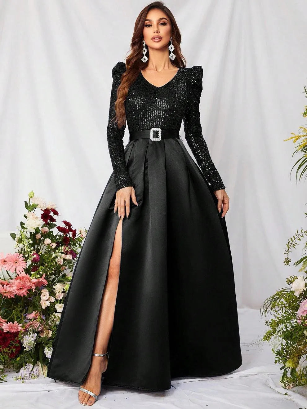 Elegant V Neck Gigot Sleeve Slit A Line Prom Dress - Elonnashop