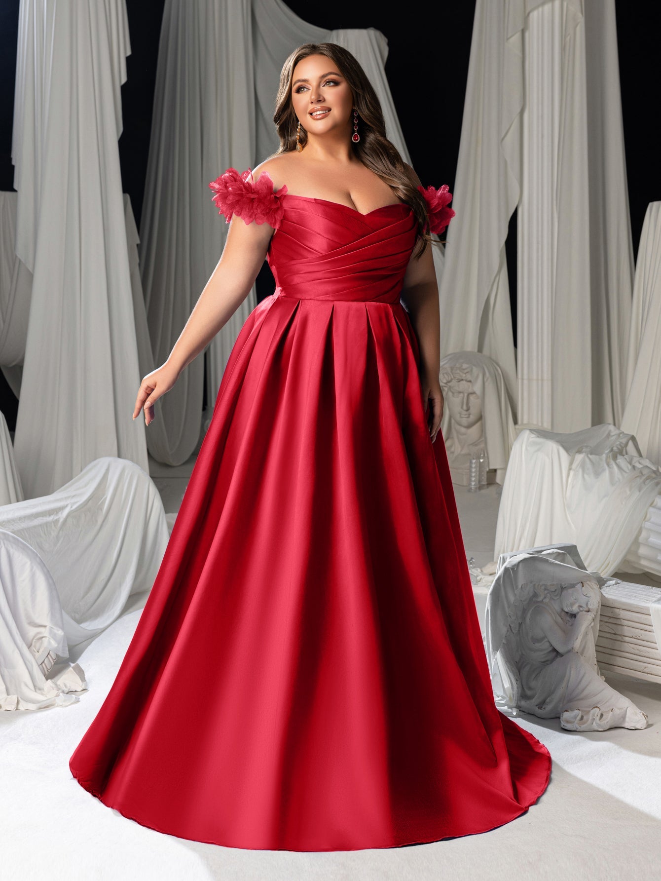 Plus Off-Shoulder Evening Gown with 3D Floral Appliqué | High Thigh Slit & Laced Back