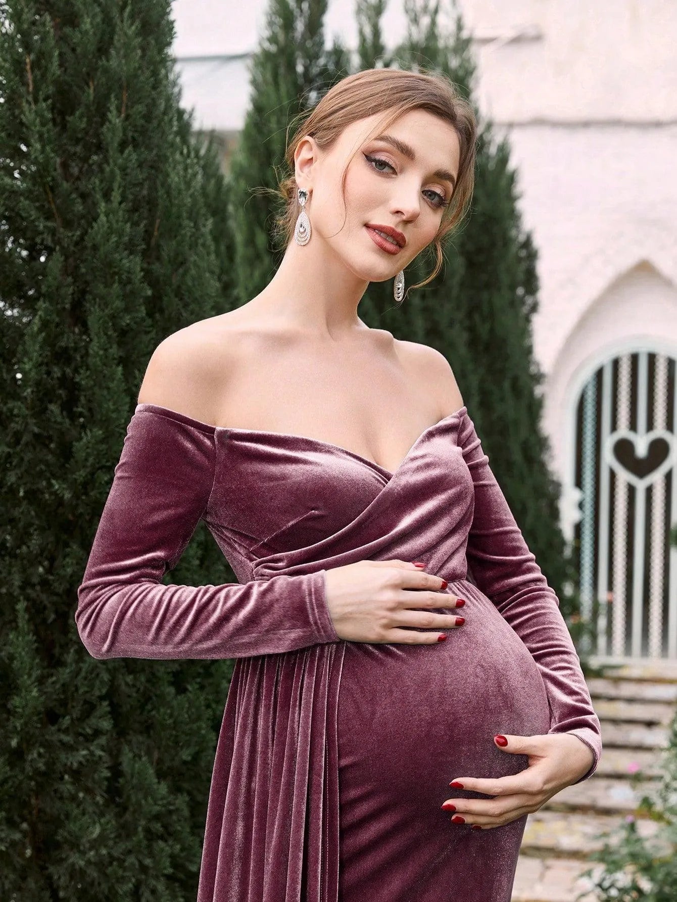 Maternity Off Shoulder Velvet Mermaid Prom Dress - Elonnashop