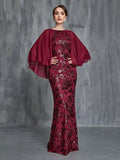 Womens' Mermaid Hem Sequin Formal Cape Dress - Elonnashop