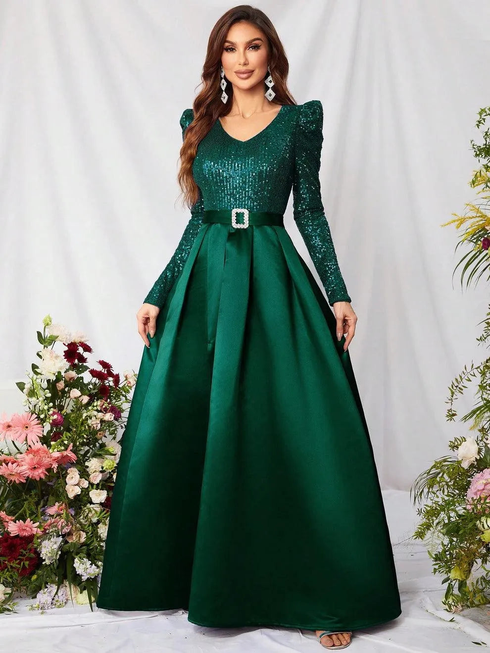 Elegant V Neck Gigot Sleeve Slit A Line Prom Dress - Elonnashop