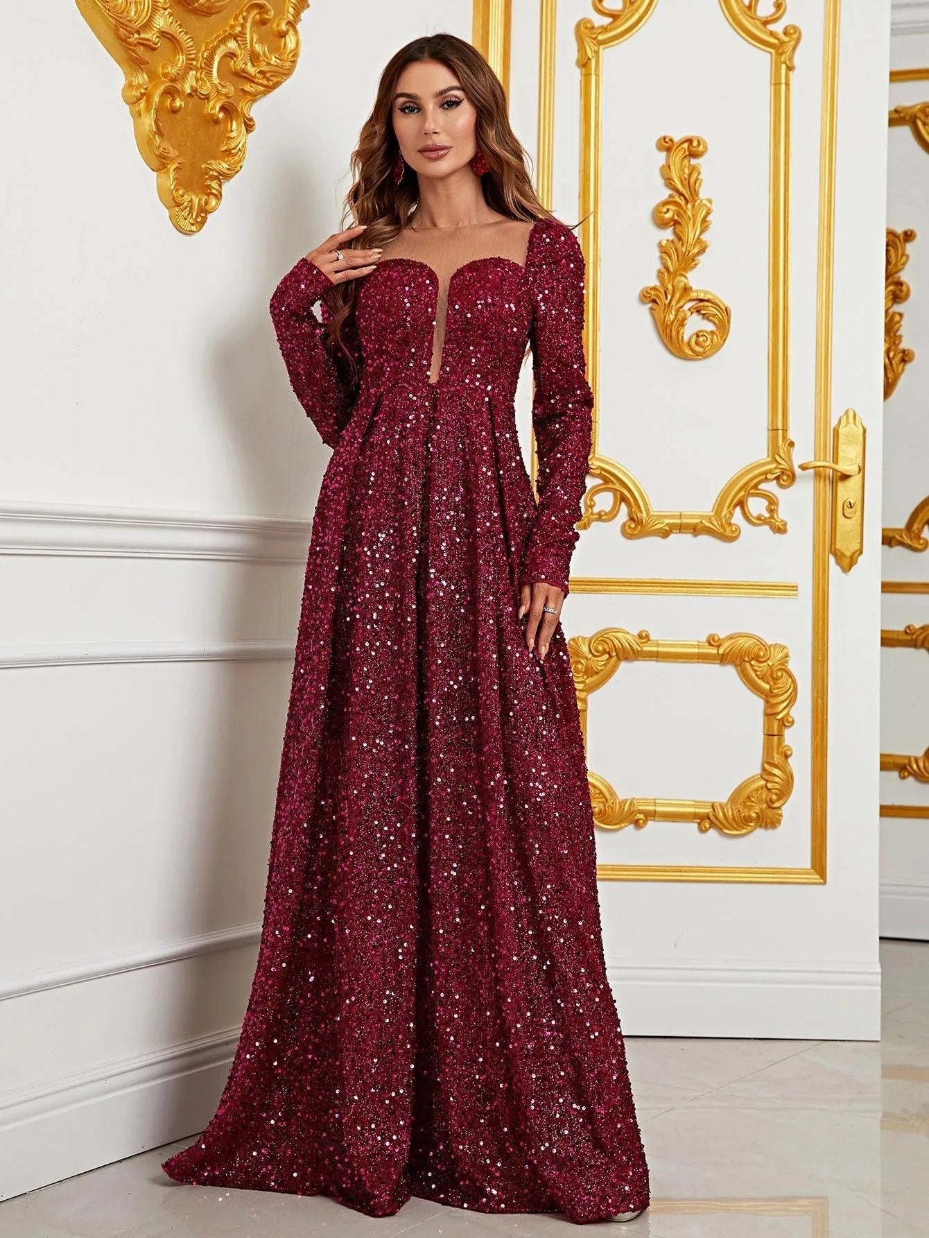 Sweetheart Neck Long Sleeves Sequin Formal Dress - Elonnashop