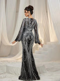 Gorgeous Lantern Sleeves Mermaid Hem Graphic Sequin Evening Dress