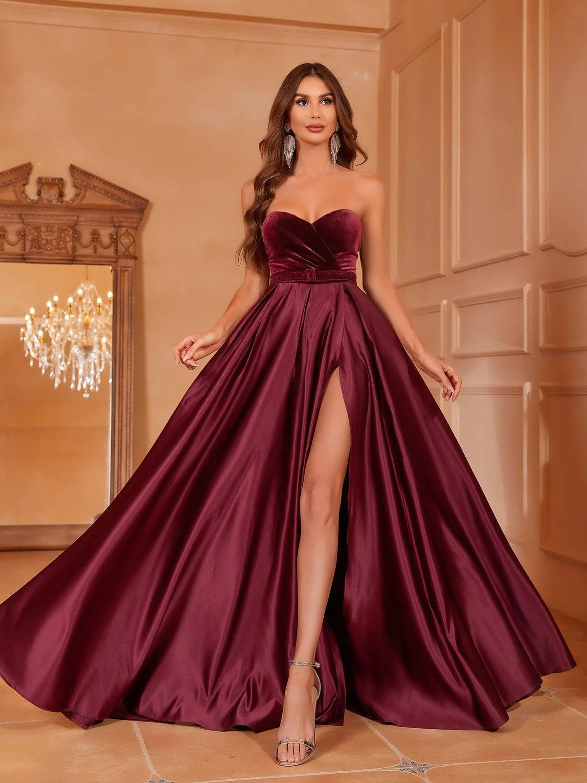 Velvet Bodice Contrast Satin Hem Tube Prom Dress - Elonnashop