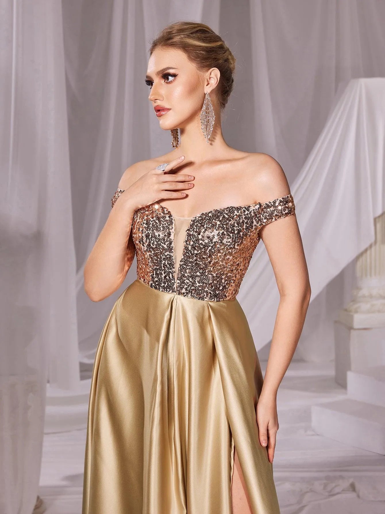 Off Shoulder Contrast Sequin Satin Prom Dress - Elonnashop