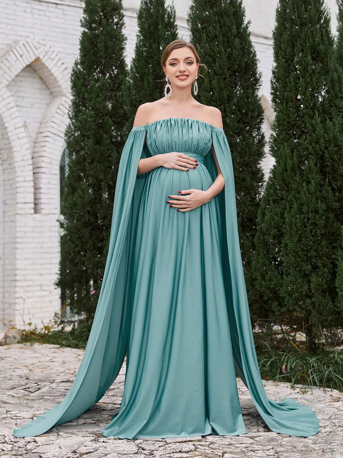 Maternity Off Shoulder Cape Sleeves Maxi Prom Dress - Elonnashop