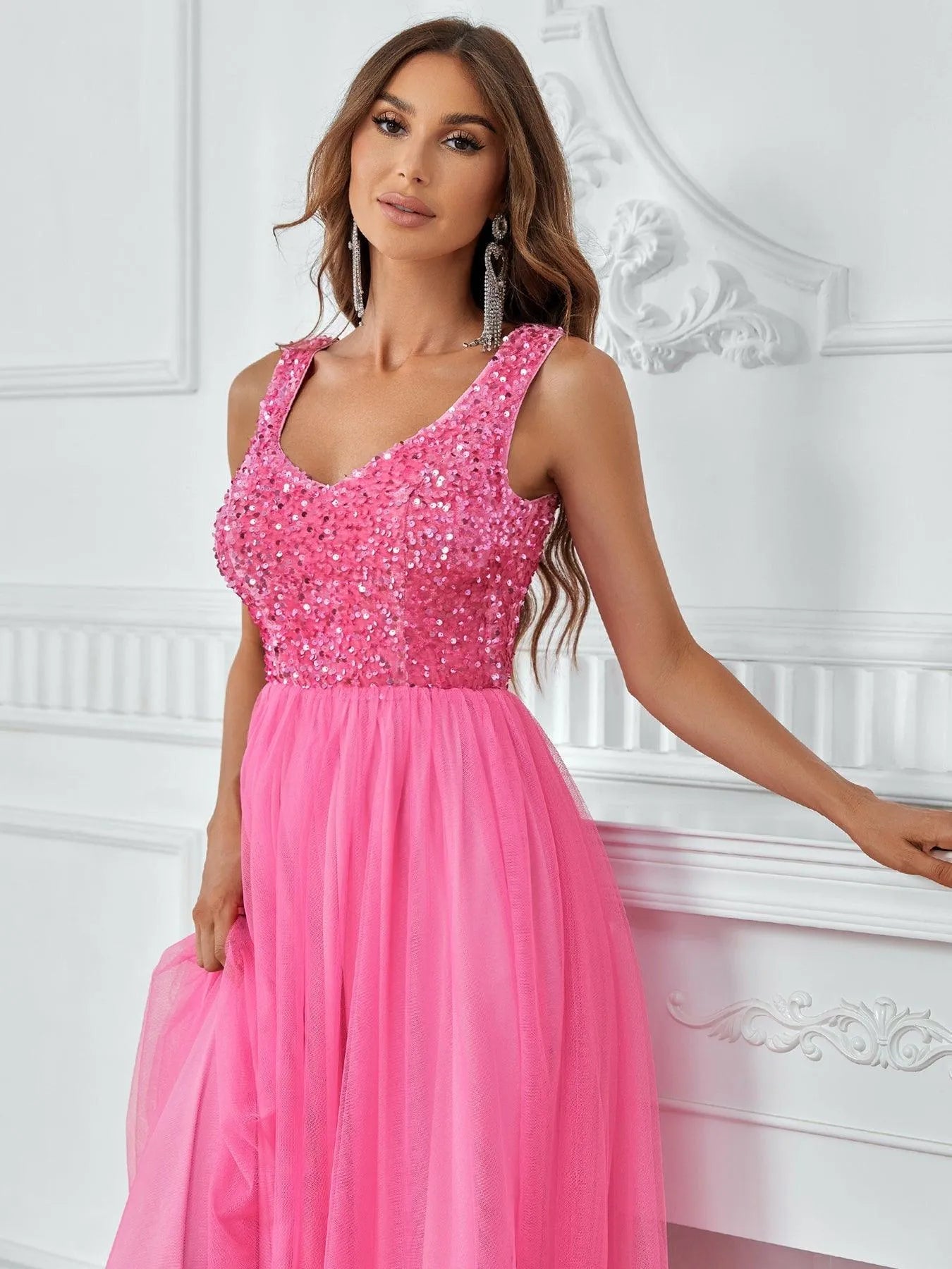 Sleeveless Sequin Bodice Contrast Mesh Hem Party Dress - Elonnashop