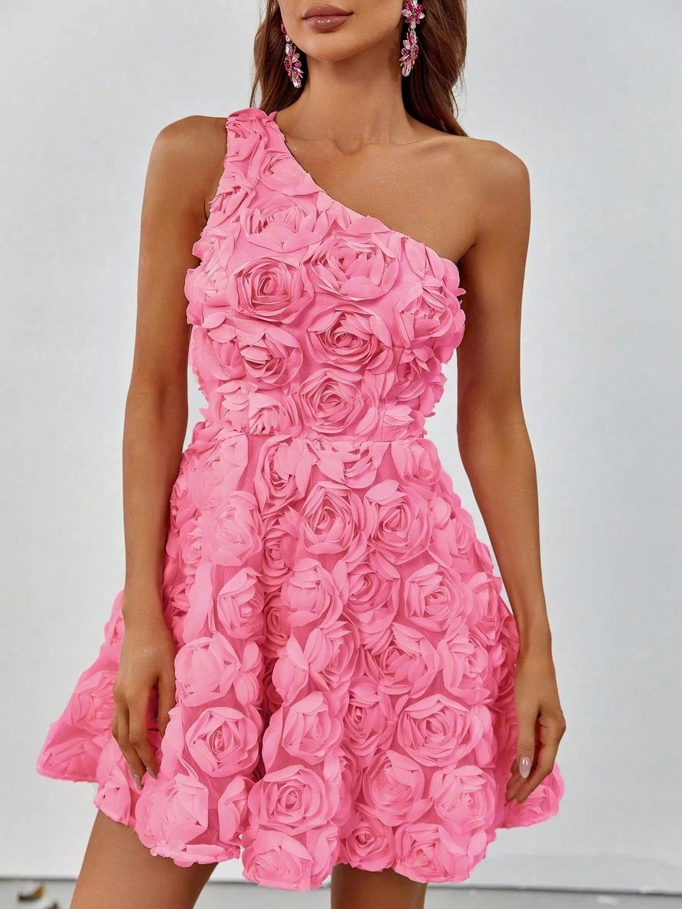 One Shoulder Sleeveless 3D Flower Party Mini Dresses - Elonnashop