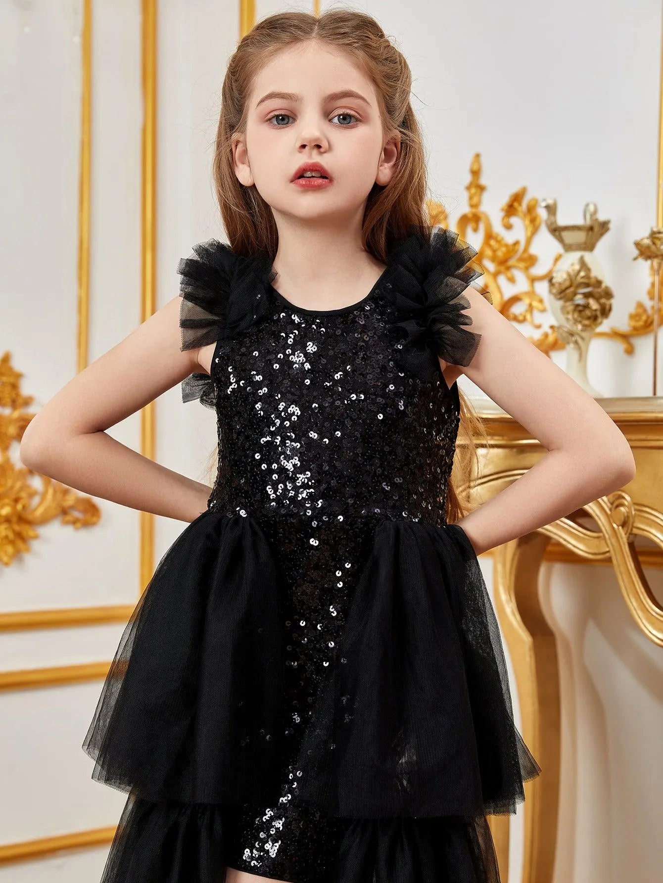 Tween Girls' Sleeveless Mesh Layered Hem Sequin Party Dress - Elonnashop