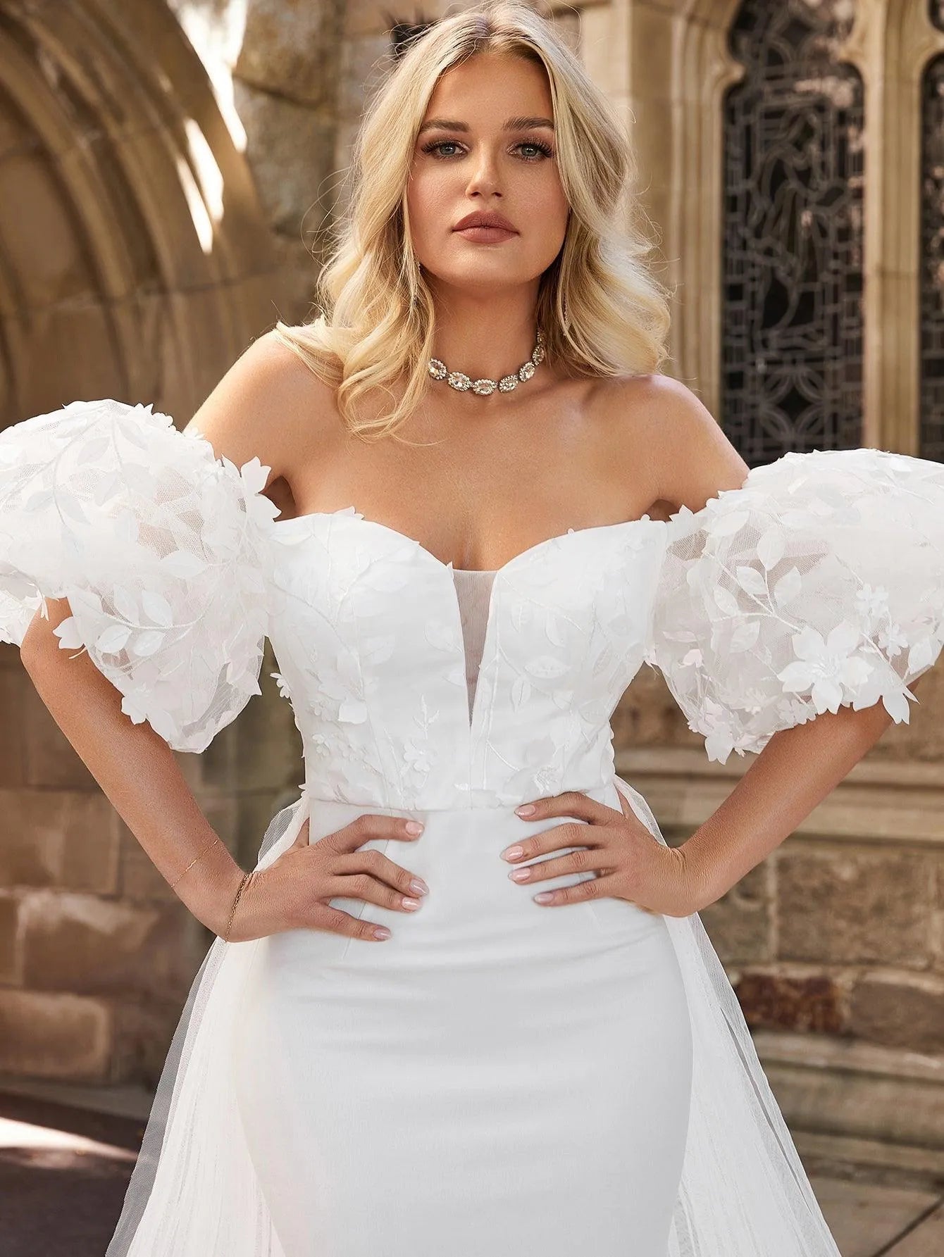 Off Shoulder Puff Sleeves Mesh Overlay Wedding Dress - Elonnashop