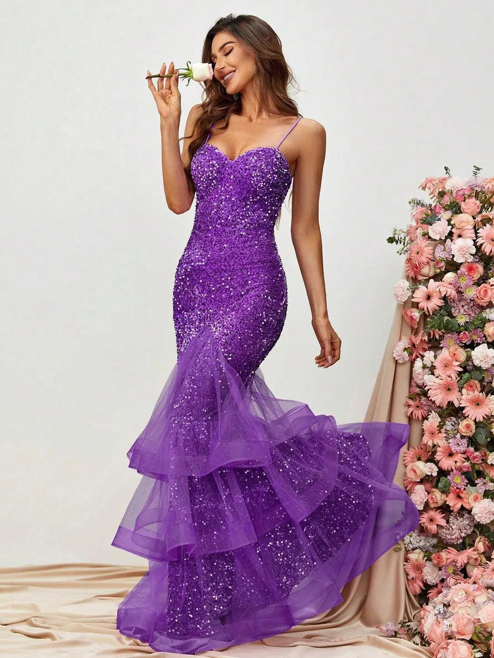 Spaghetti Strap Back Cut Out Sequin Mermaid Dress - Elonnashop