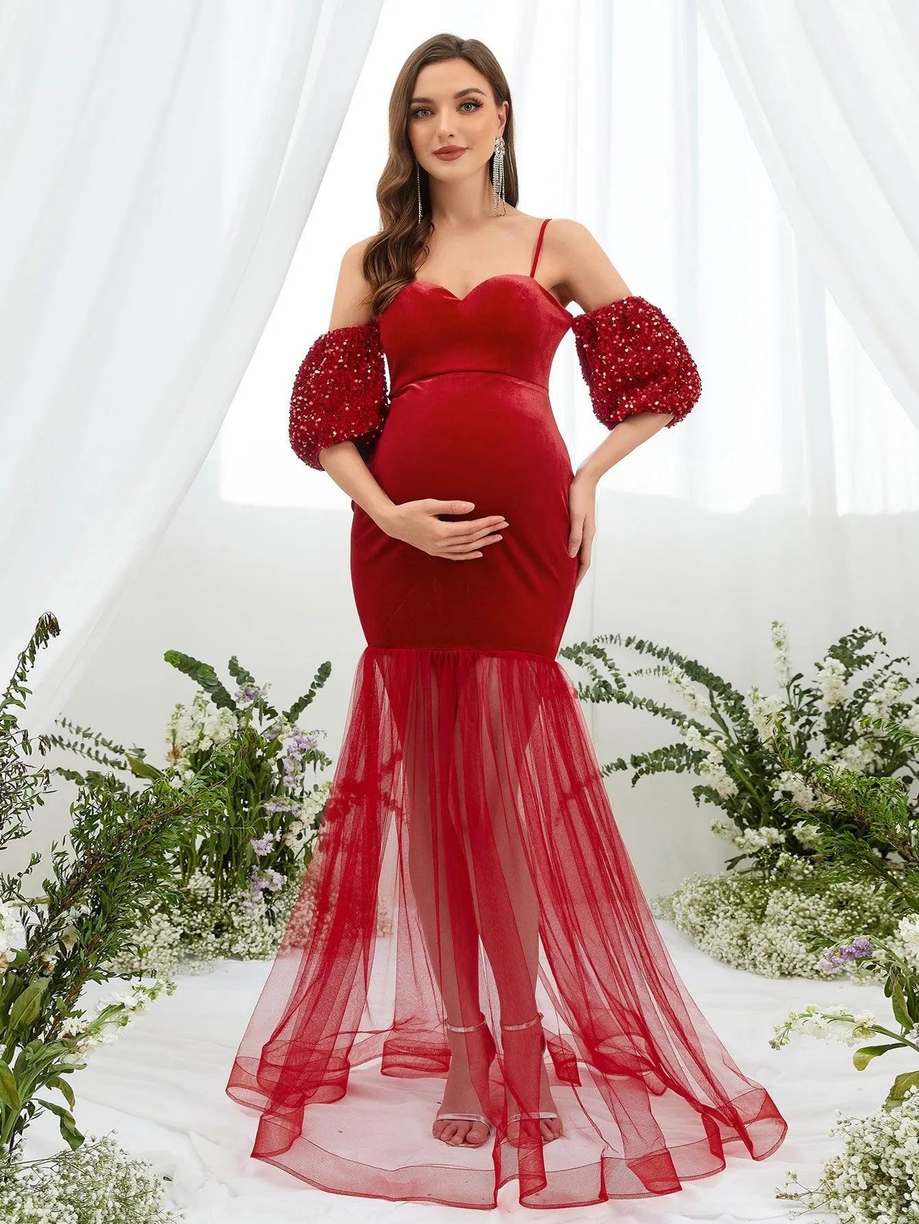 Maternity Puff Sleeve Mermaid Hem Velvet Cami Dress - Elonnashop