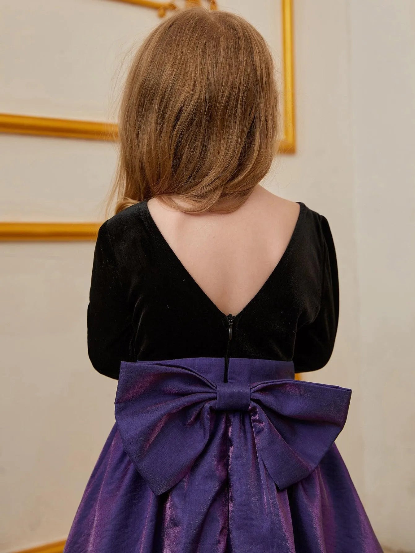 Young Girls' Backless 3/4 Sleeve A Line Dress With Bow - Elonnashop