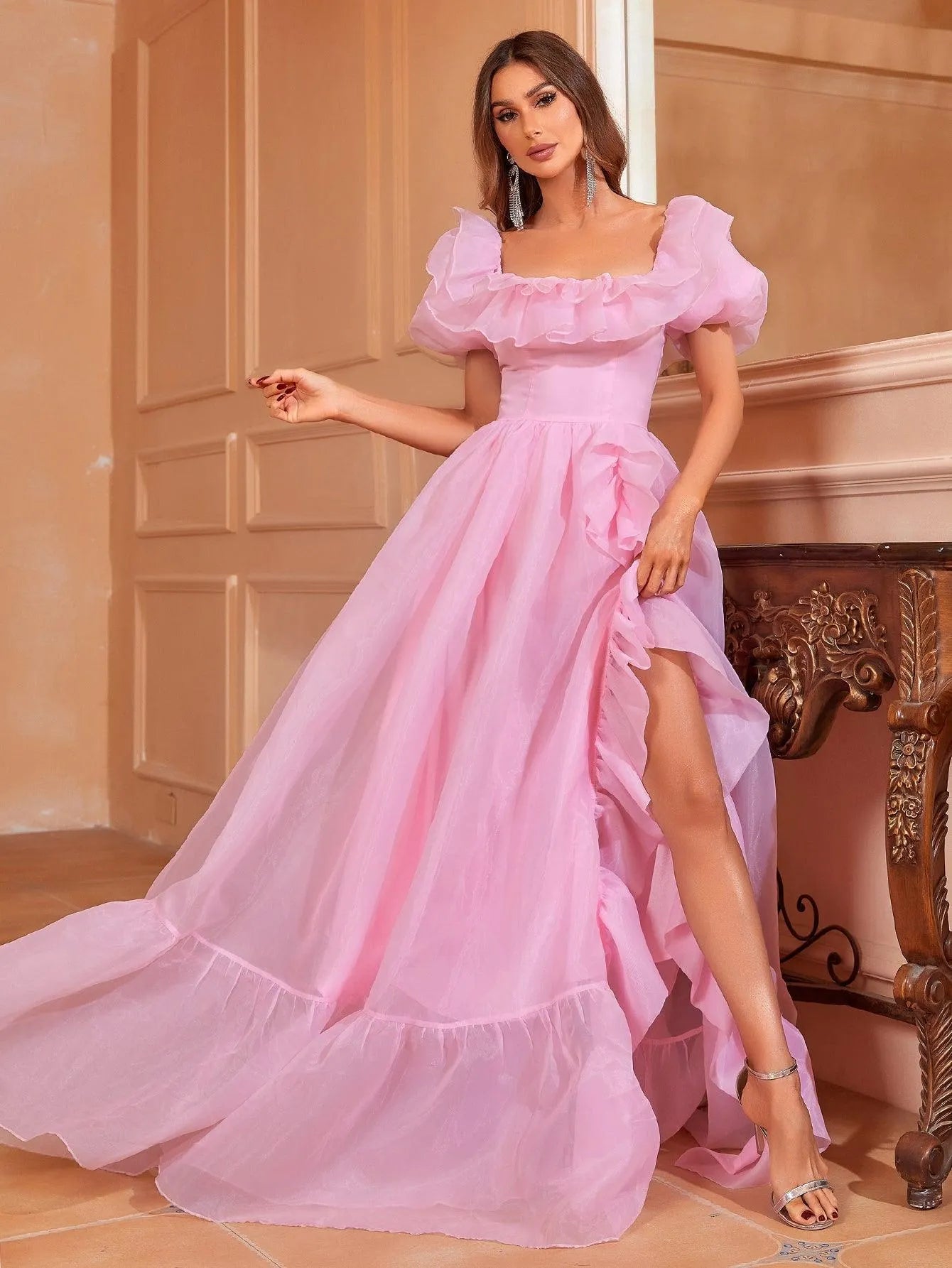 Elegant Ruffle Trim Puff Sleeves Organza Dress - Elonnashop