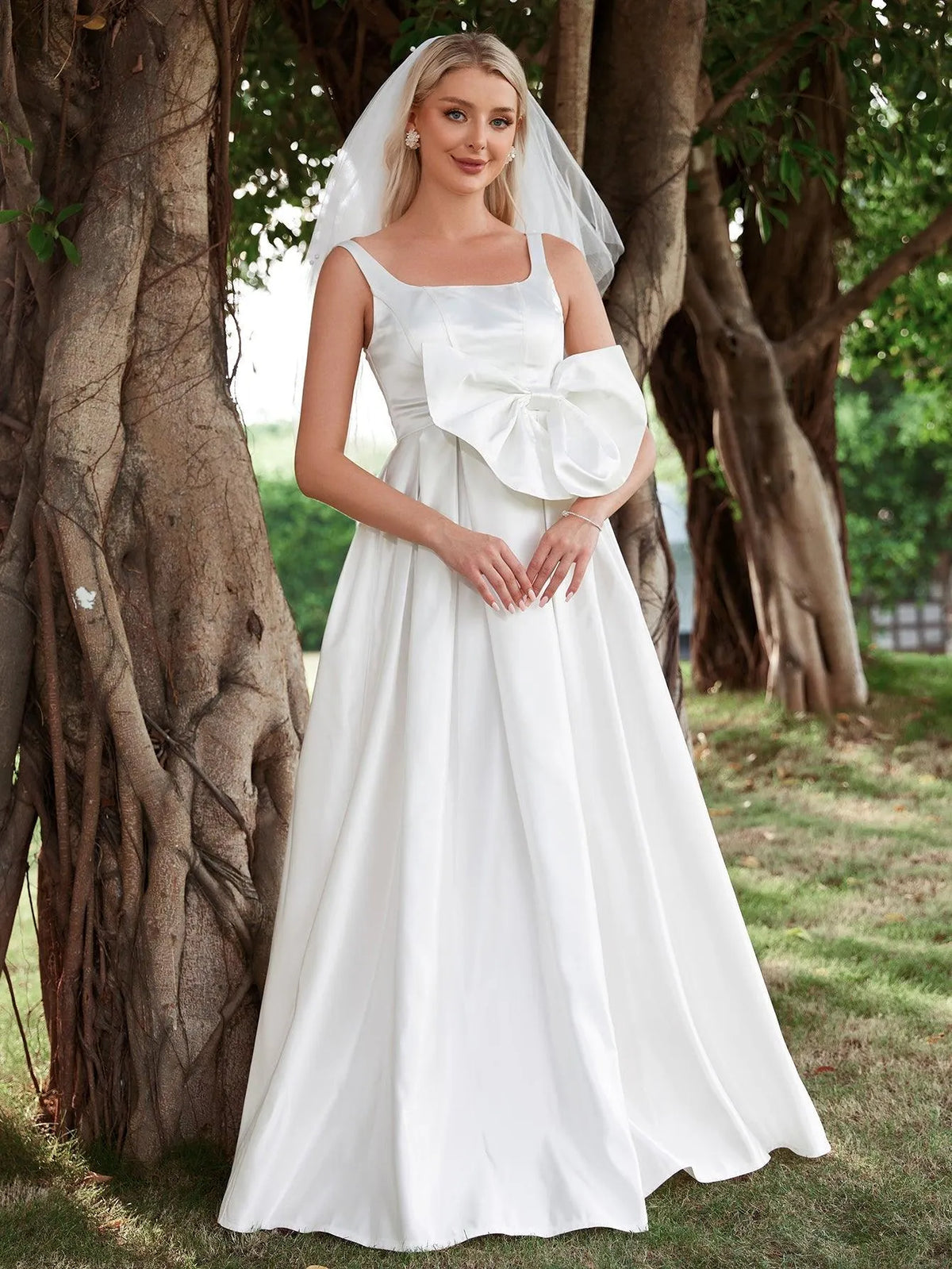 Bow Front Square Neck Sleeveless Satin Wedding Dresses - Elonnashop