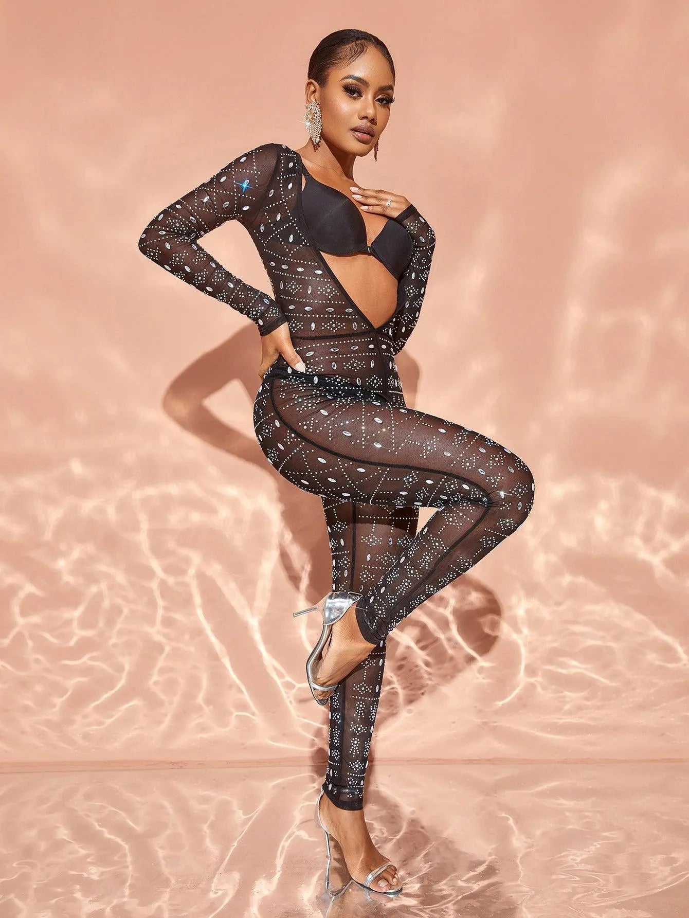 Chic Rhinestone Detail Plunging Neck Sheer Mesh Jumpsuit - Elonnashop