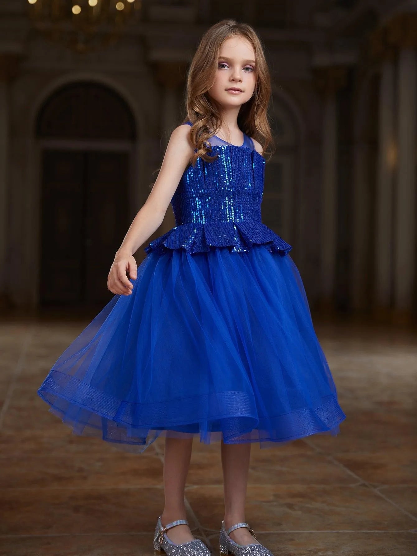 Tween Girls' Contrast Pleated Sequin Mesh Hem Party Dress - Elonnashop