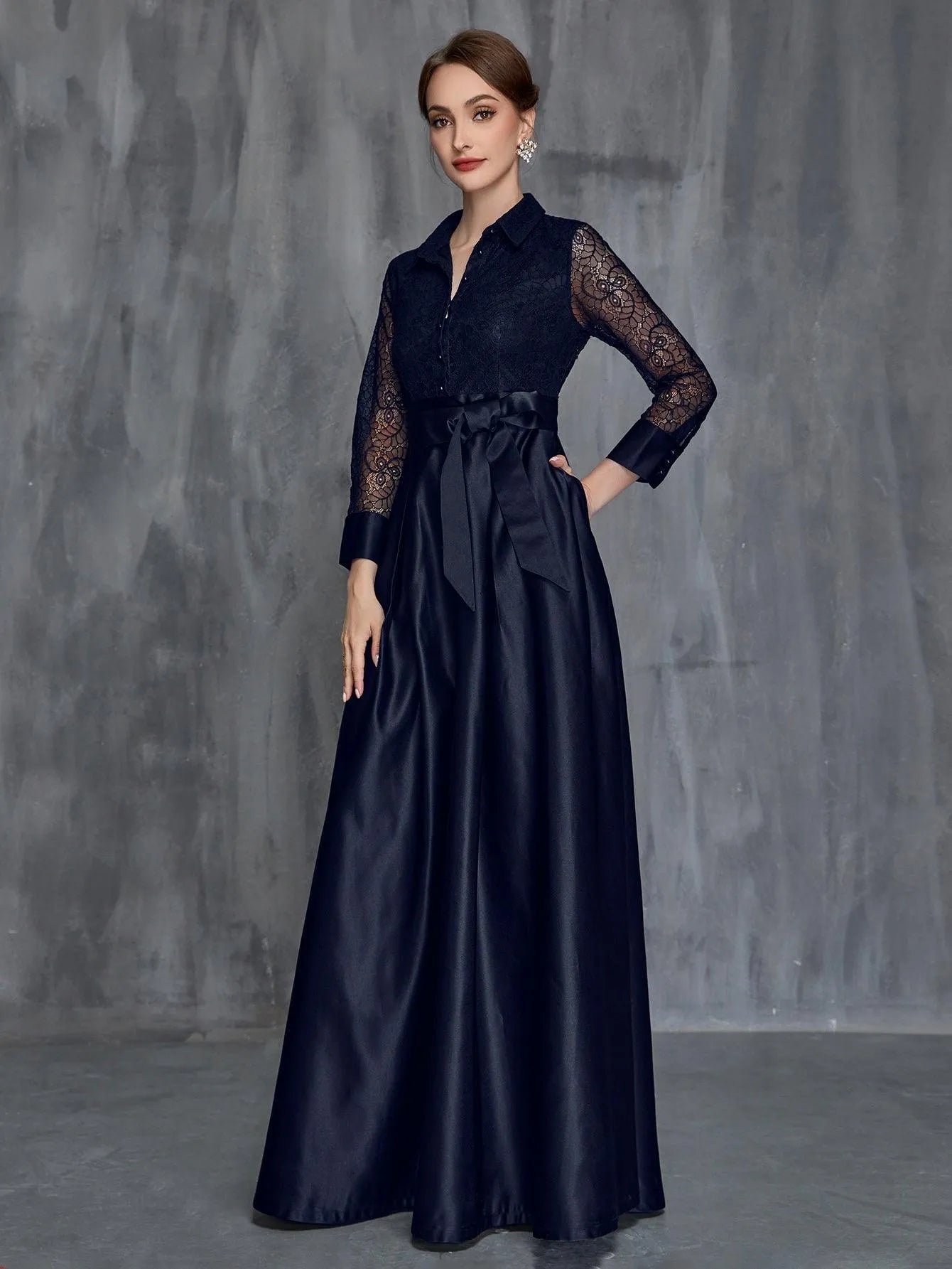 Womens' Shirt Collar Contrast Lace Satin Belted Dress - Elonnashop