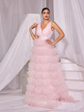 Plunging Neck Ruffle Layered Hem Cake Prom Dress - Elonnashop