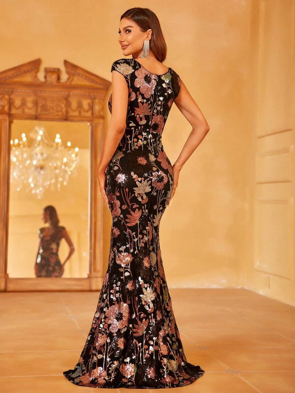 Elegant Sweetheart Neck Floral Sequins Slit Prom Dress - Elonnashop