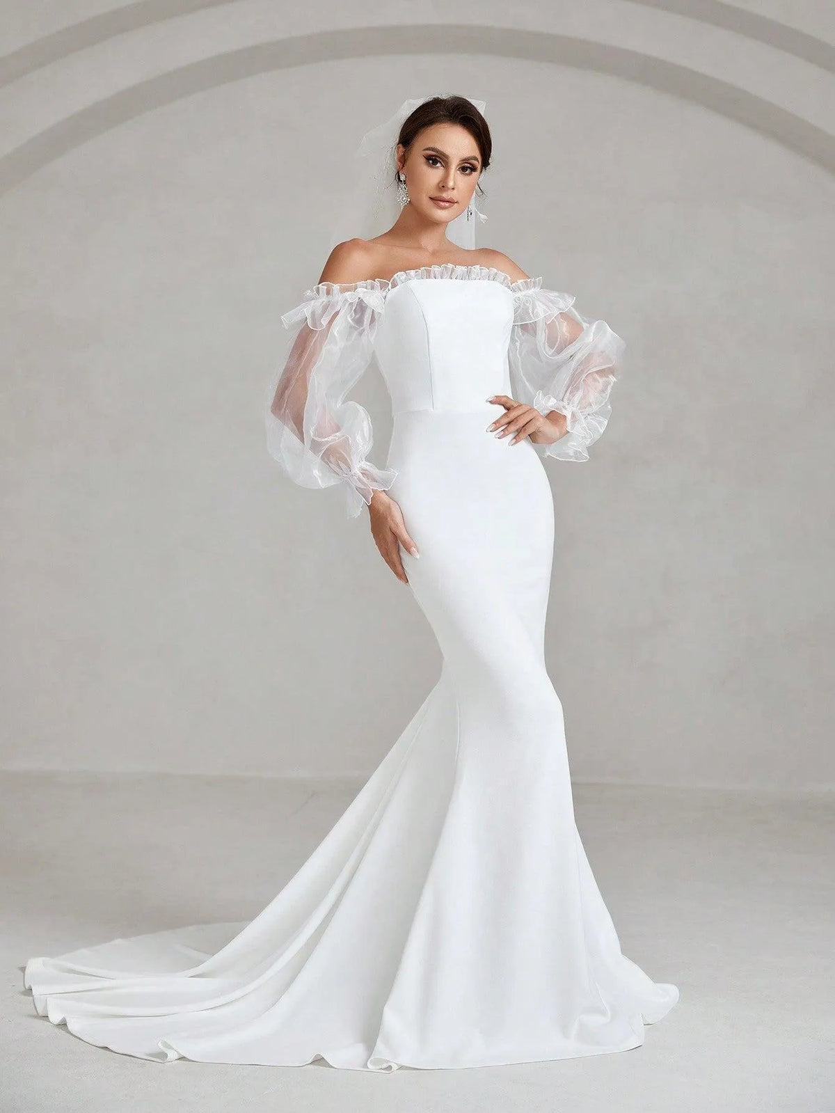 Off Shoulder Flounce Sleeve Maxi Mermaid Hem Wedding Dress - Elonnashop