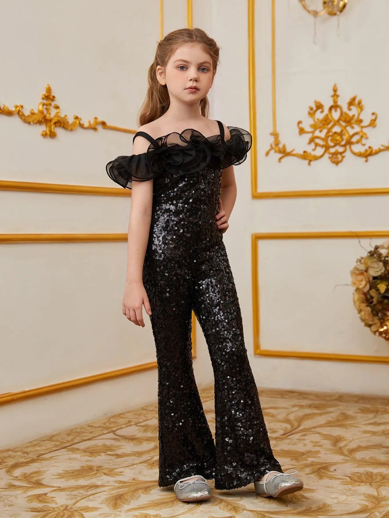 Tween Girls' Off Shoulder Sequin Party Jumpsuit - Elonnashop