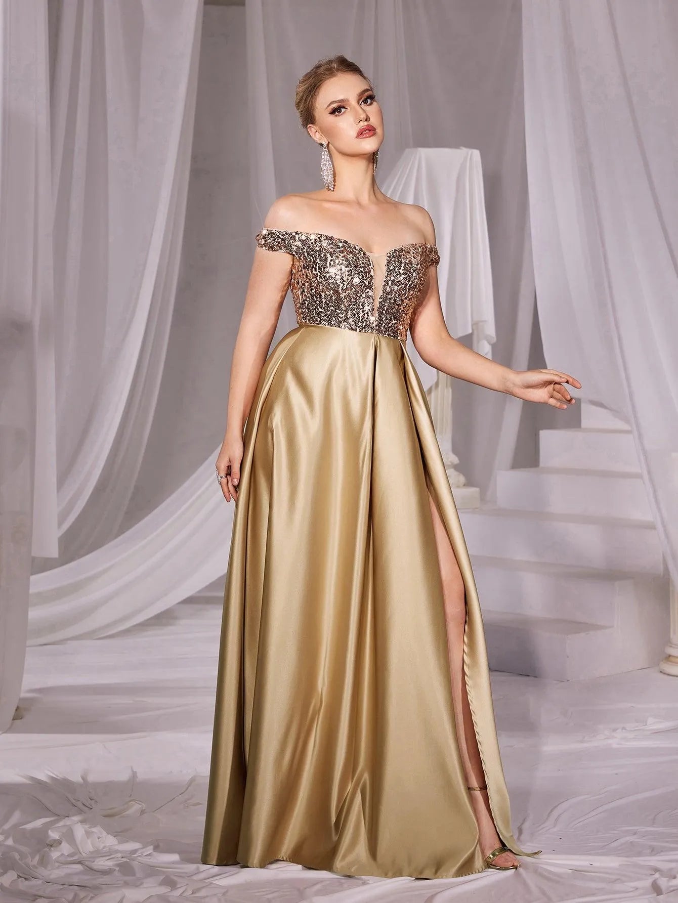 Off Shoulder Contrast Sequin Satin Prom Dress - Elonnashop