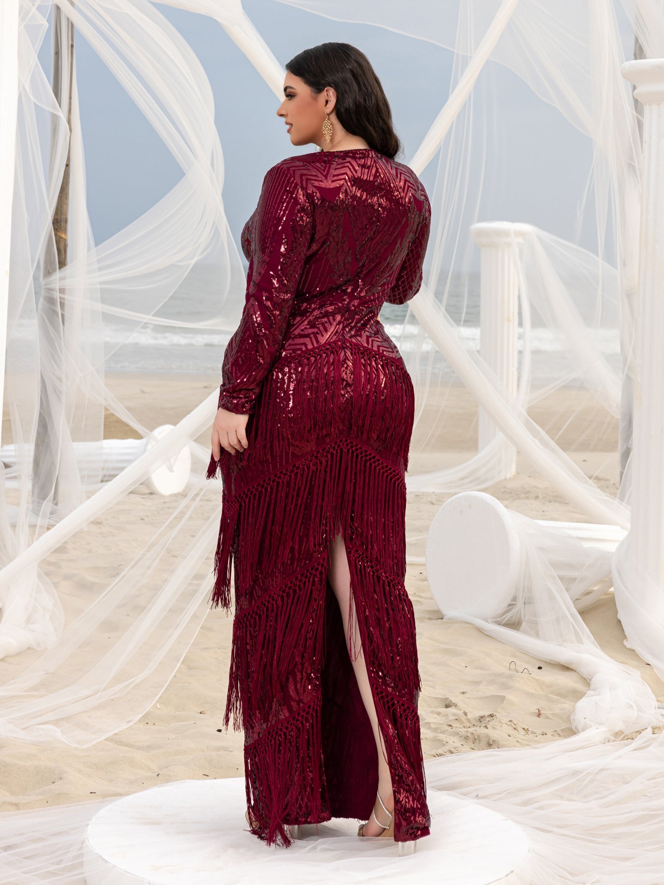 Plus Gorgeous Cut Out Waist Fringed Sequin Party Dress