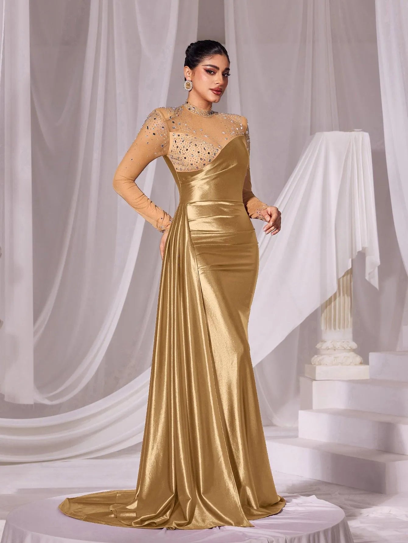 Rhinestone Detail Mock Neck Satin Mermaid Prom Dress - Elonnashop