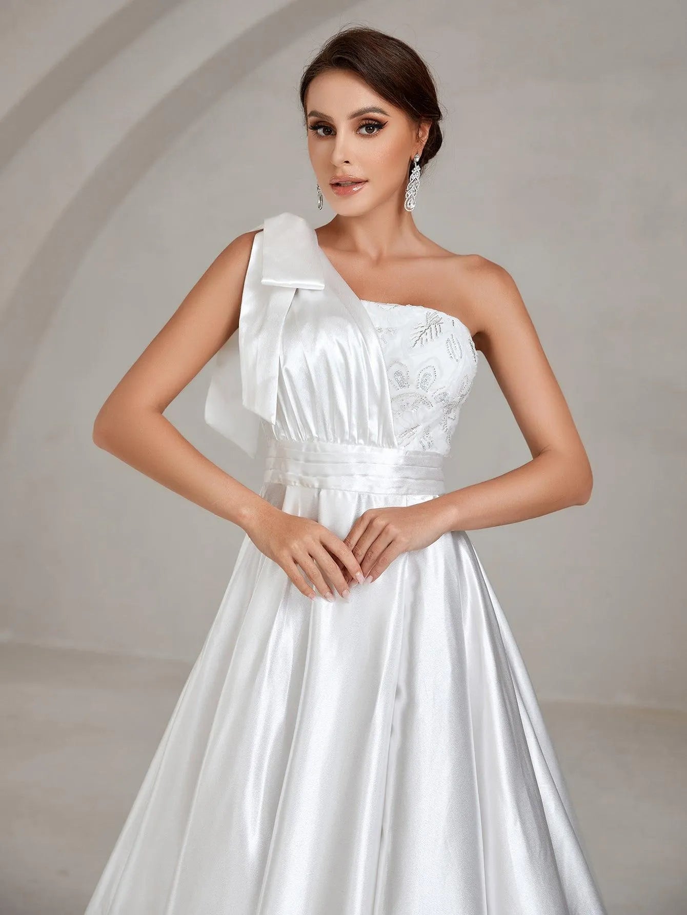 One Shoulde Floor Length Satin Wedding Dress - Elonnashop