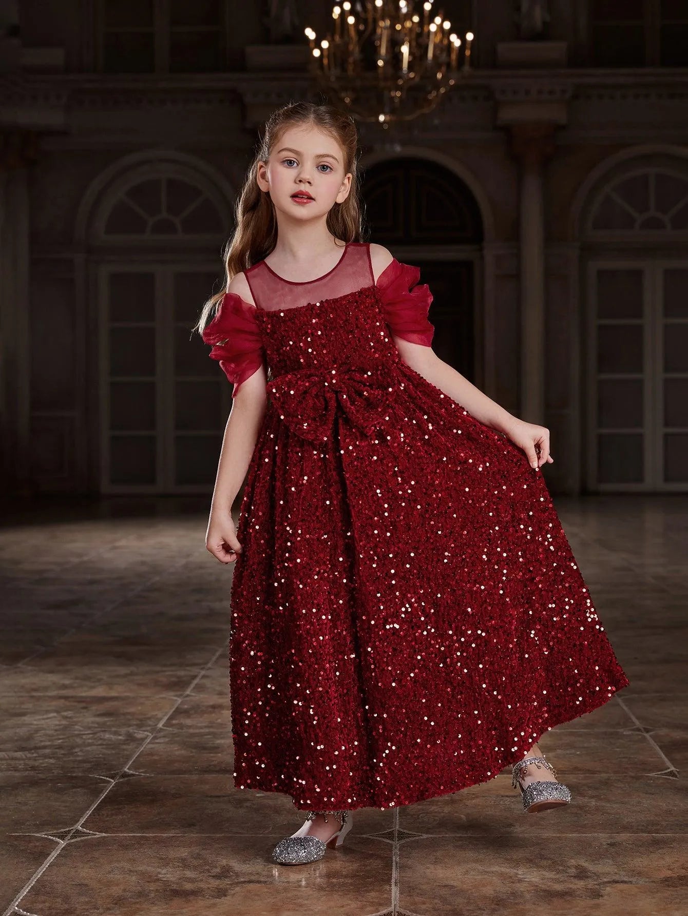 Tween Girls' Bow Front Sequin A Line Party Dress - Elonnashop