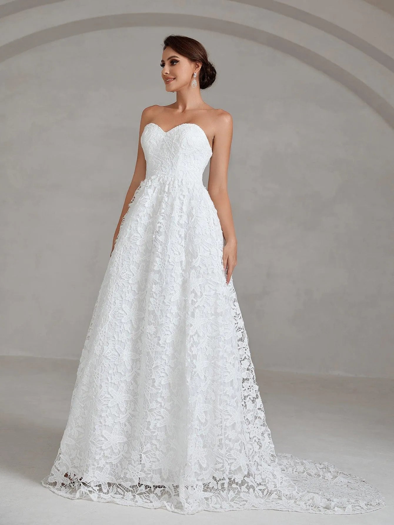 Elegant Lace Overlay Tube Wedding Dress - Elonnashop