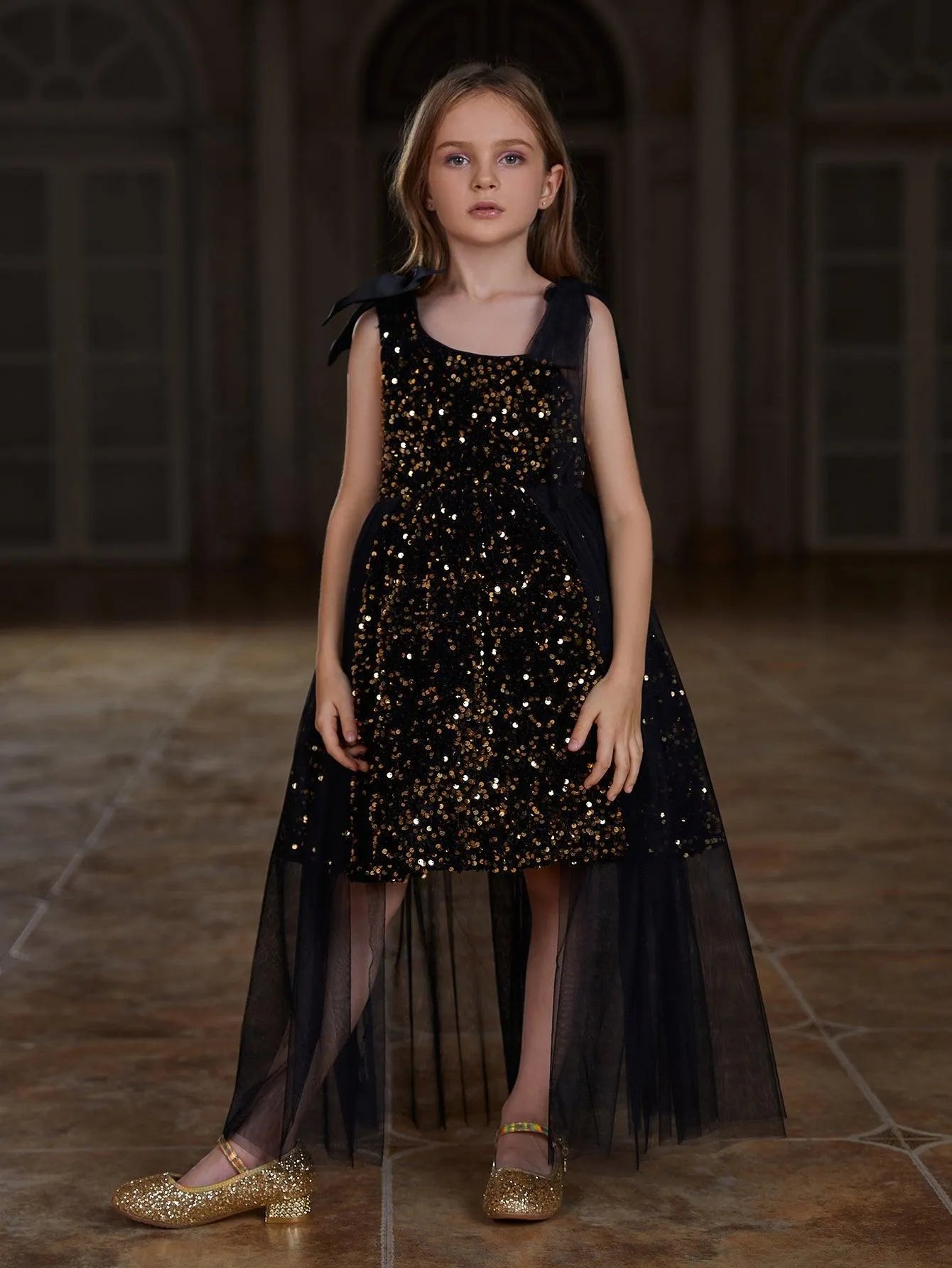 Tween Girls' Cute Sleeveless Mesh Overlay Sequin Party Dress - Elonnashop