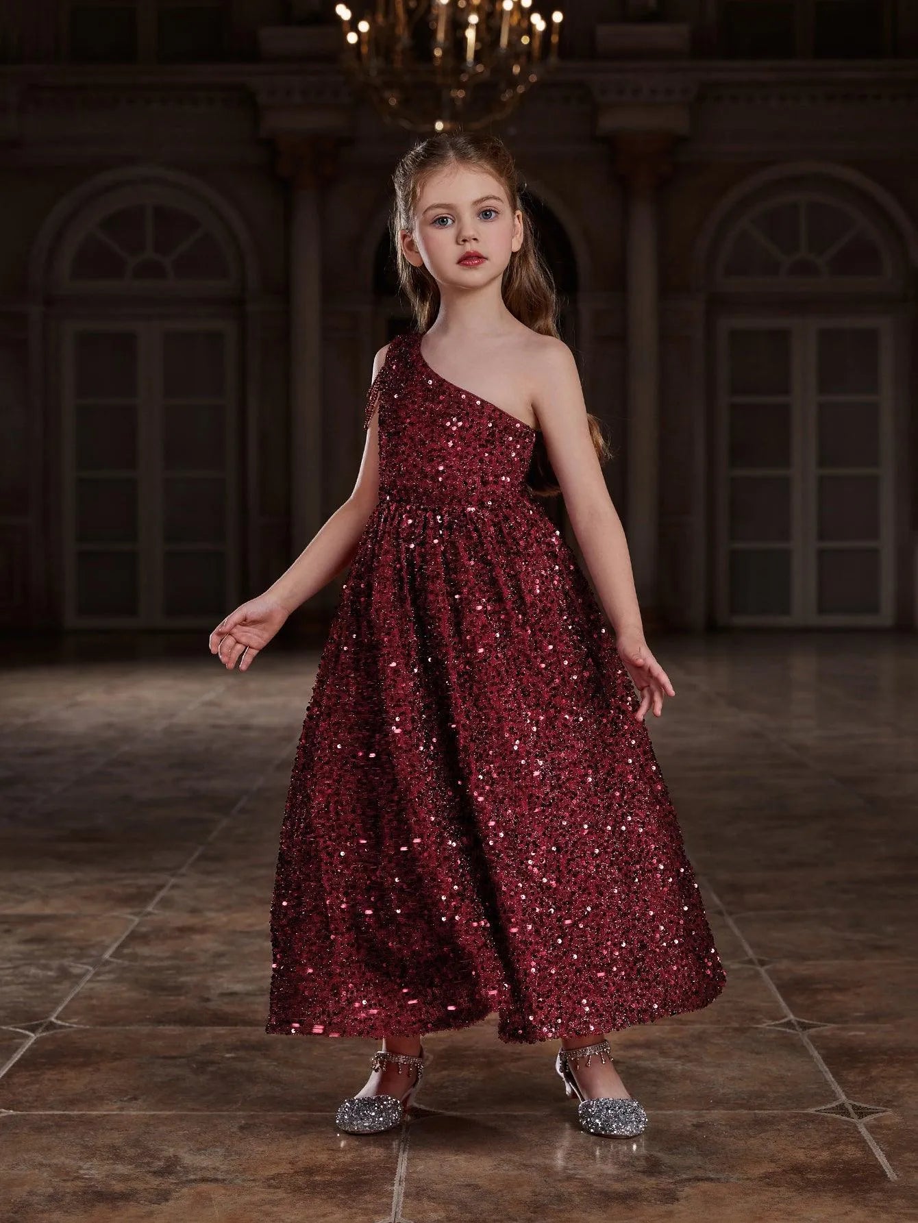 Tween Girls' One Shoulder Chain Detail Sequin Party Dress - Elonnashop