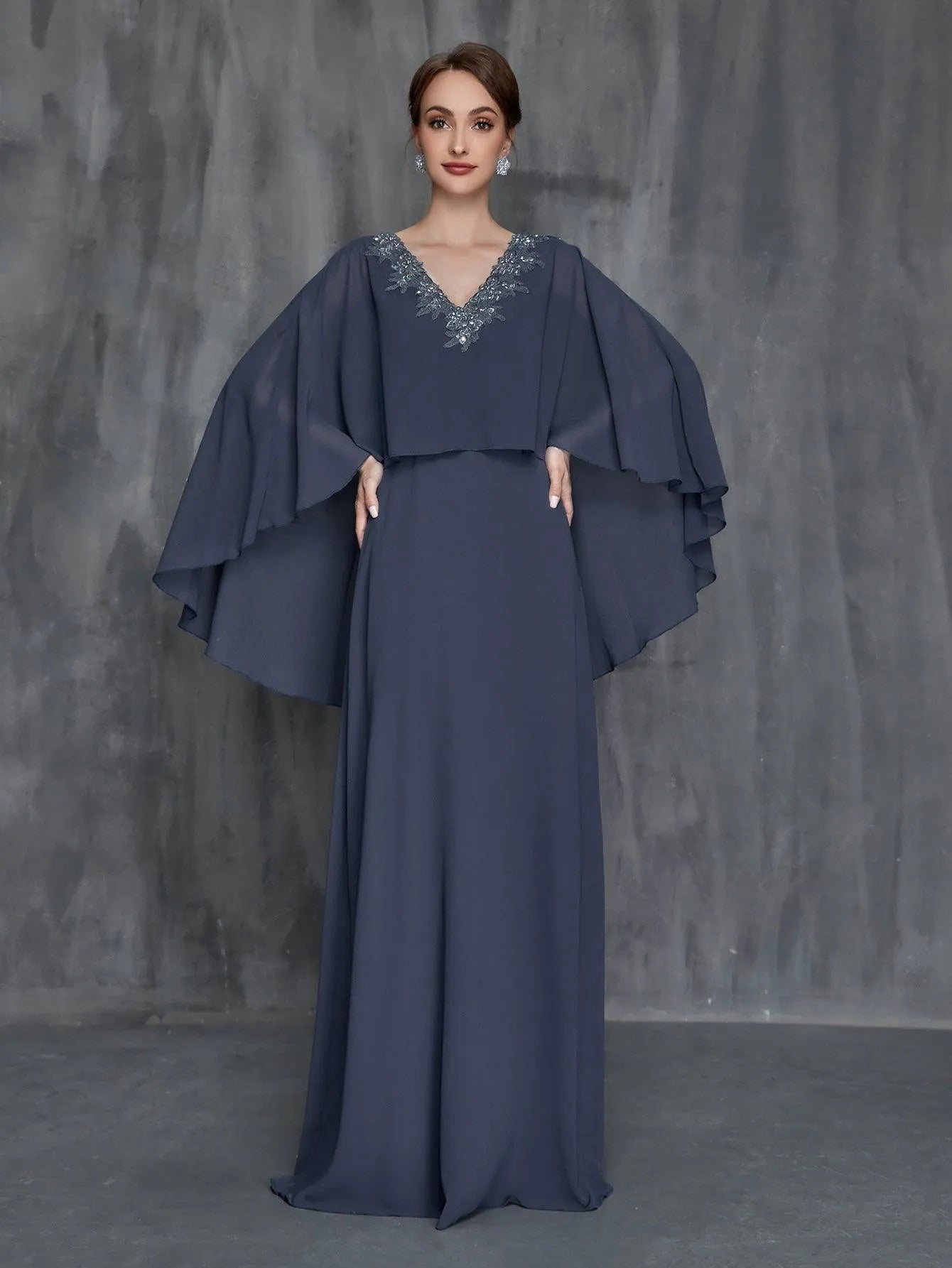 Womens' Solid Applique Detail V Neck Chiffon Cape Dress - Elonnashop