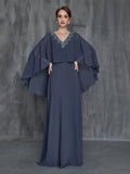 Womens' Solid Applique Detail V Neck Chiffon Cape Dress - Elonnashop