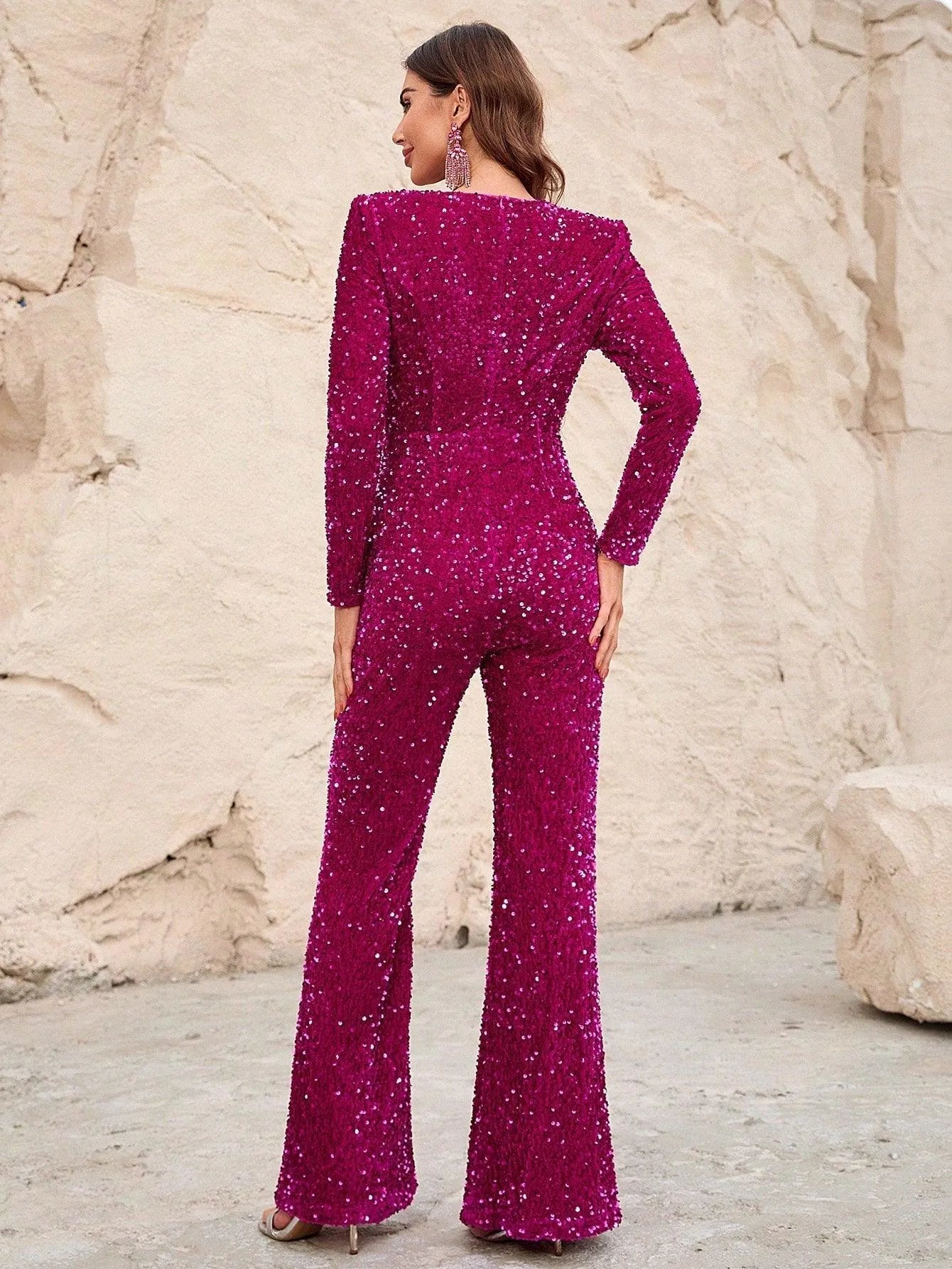 V Neck Long Sleeves Sequin Formal Jumpsuit - Elonnashop