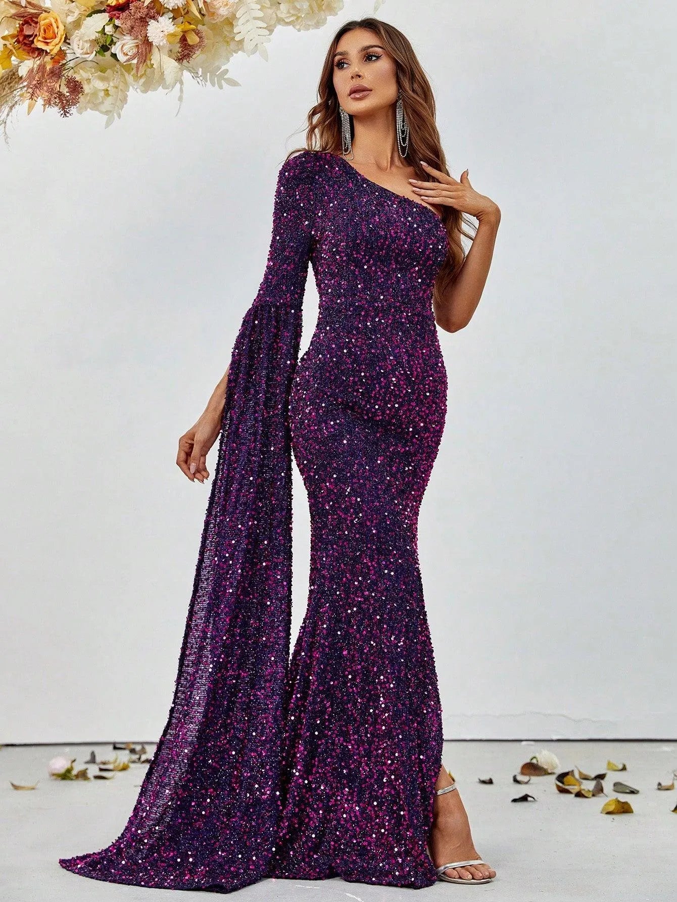 Elegant One Shoulder Long Sleeve Slit Sequin Dress - Elonnashop