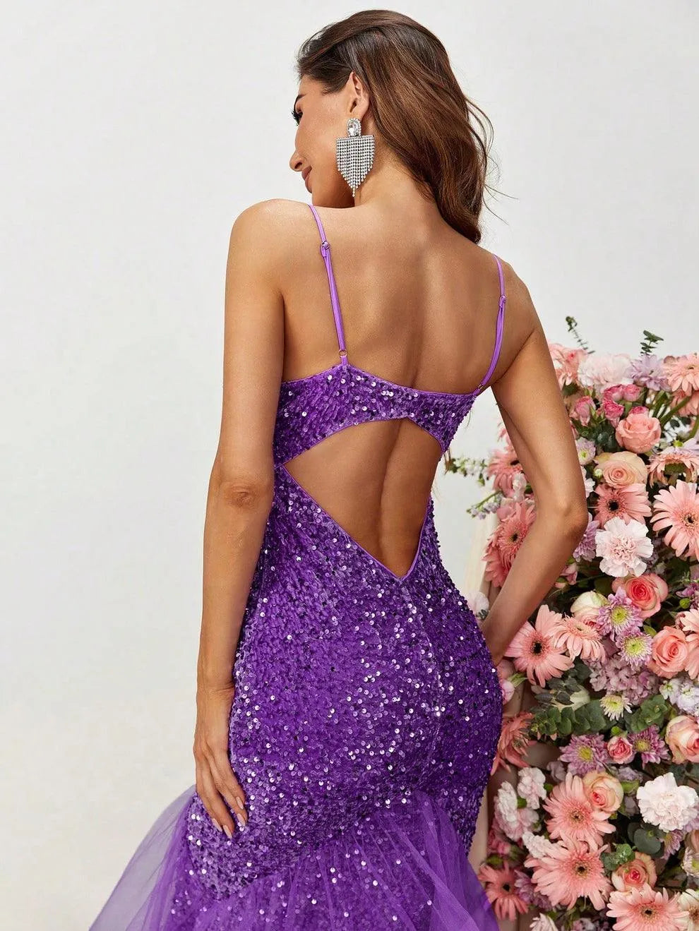 Spaghetti Strap Back Cut Out Sequin Mermaid Dress - Elonnashop