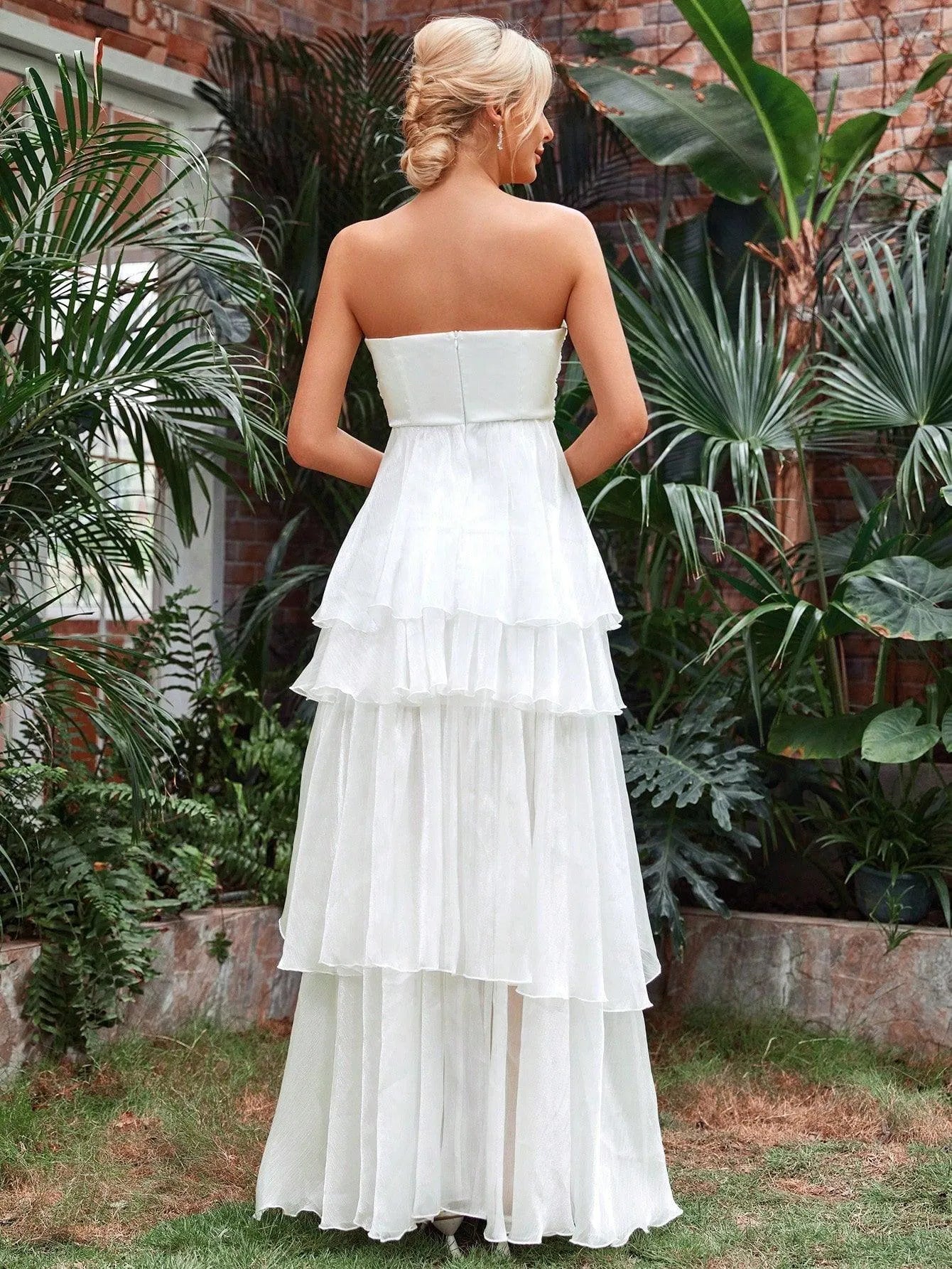 Ruched Bust Layer Hem Chiffon Tube Wedding Dress - Elonnashop