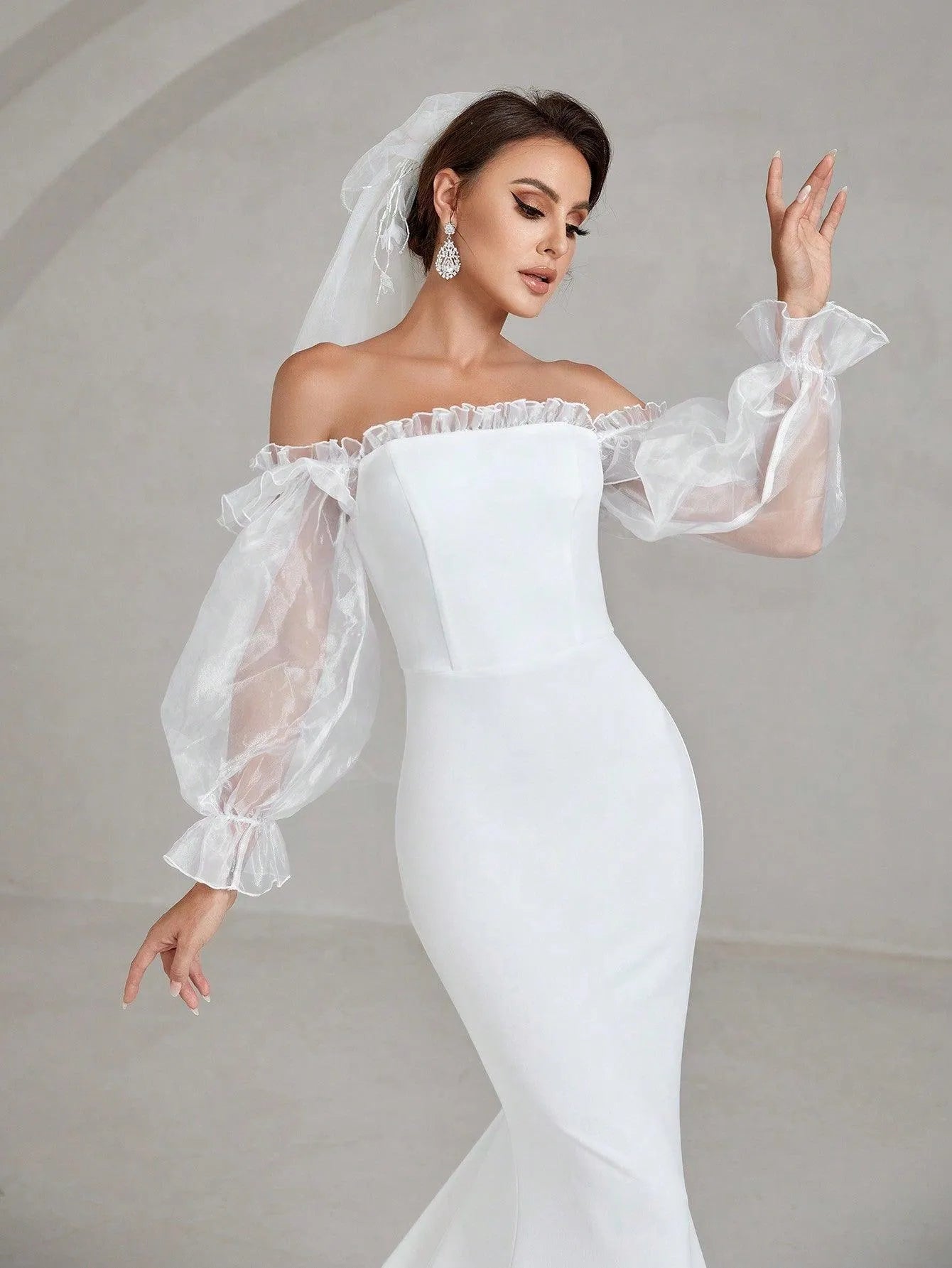 Off Shoulder Flounce Sleeve Maxi Mermaid Hem Wedding Dress - Elonnashop