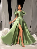 Elegant Satin Evening Gown with Bow Shoulder & Dramatic High Slit – Luxurious Evening Wear for Red Carpet, Formal Galas & Wedding Receptions