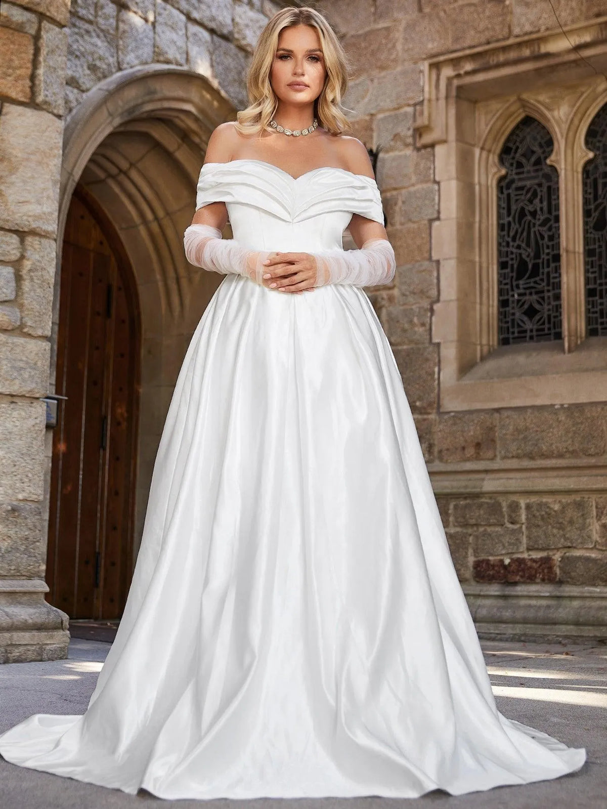 Off Shoulder Floor Length Satin Wedding Dress - Elonnashop