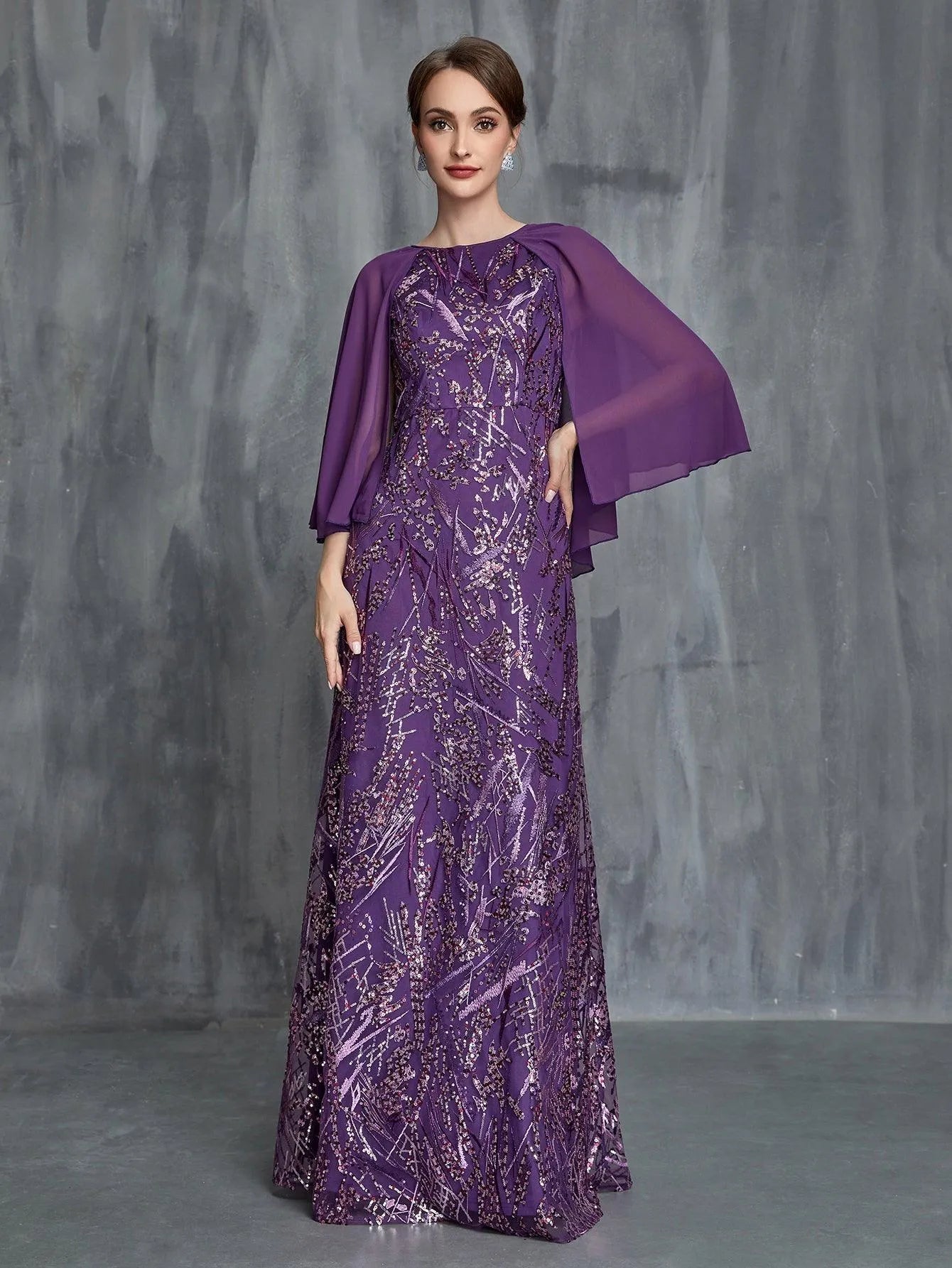 Womens' Contrast Cape Sleeves Sequin Formal Dress - Elonnashop