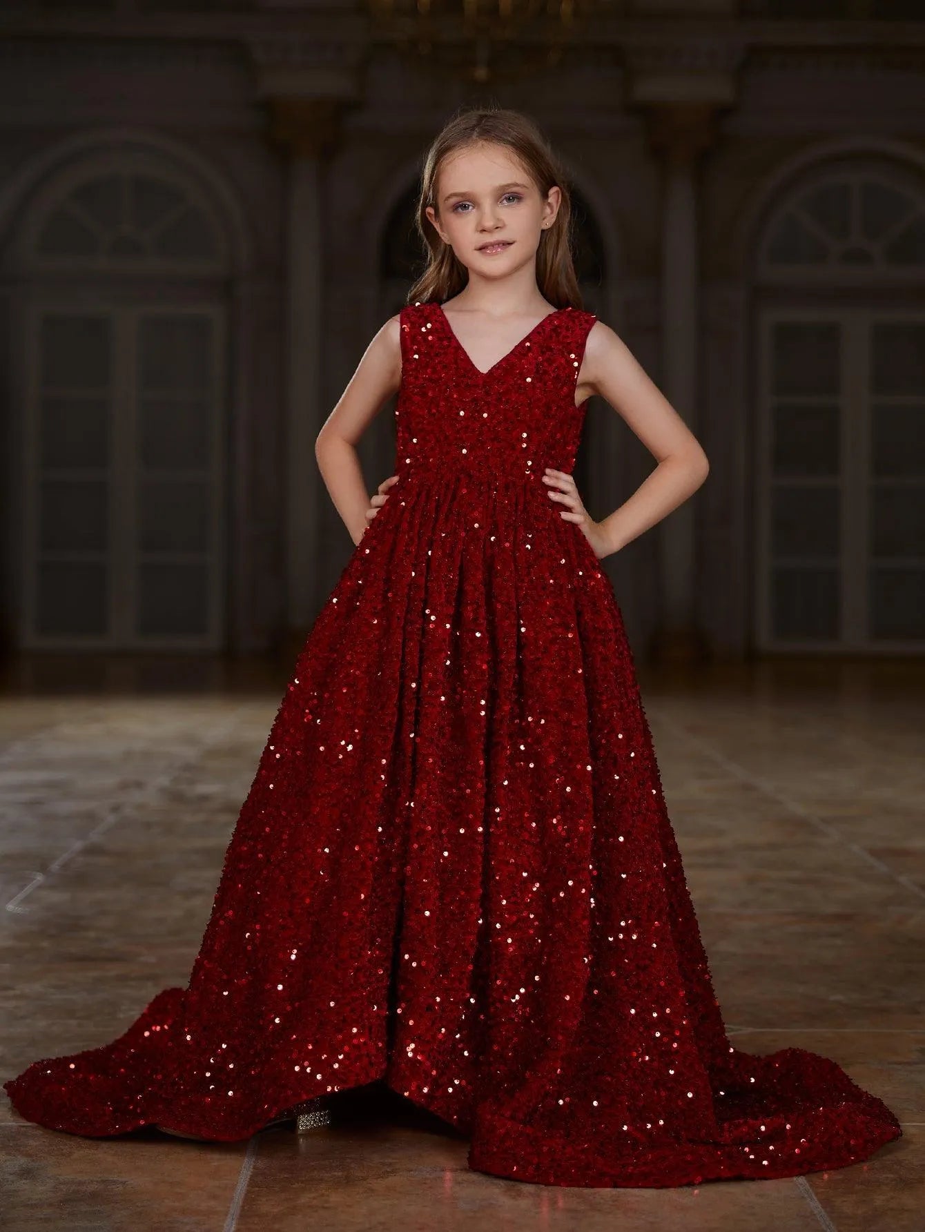 Tween Girls' V Neck Sleeveless Sequin Tail Dress With Bow - Elonnashop